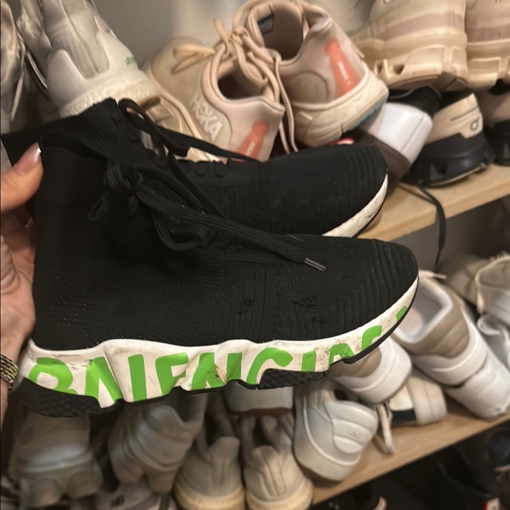 Balenciaga Black High-Top Sneakers with Green Lettering